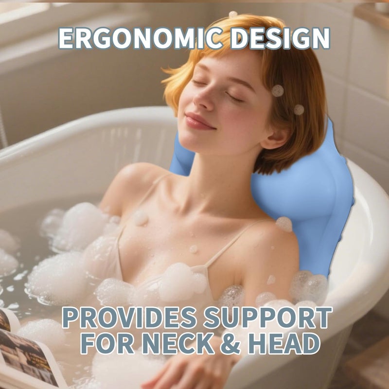 Deenwada Silicone Bath Pillow for Tub – Ergonomic Bathtub Headrest with Inflatable Air Cushion, Non-Slip Suction Cups & Neck/Back Support – Comfortable Spa Bath Accessory for Relaxation (Blue) - Image 2